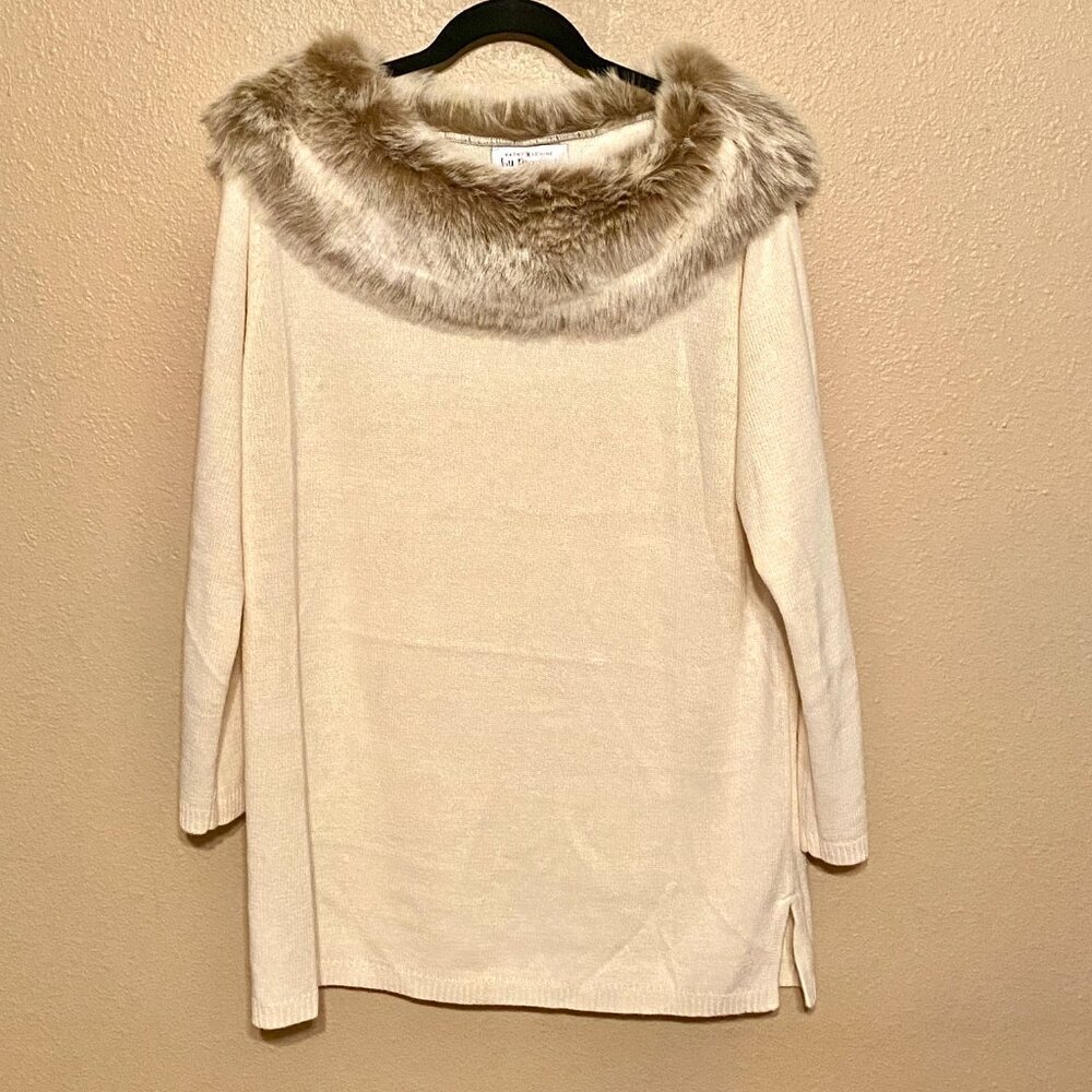 Faux Fur Trim Cream Sweater - Women's Elegant Pullover